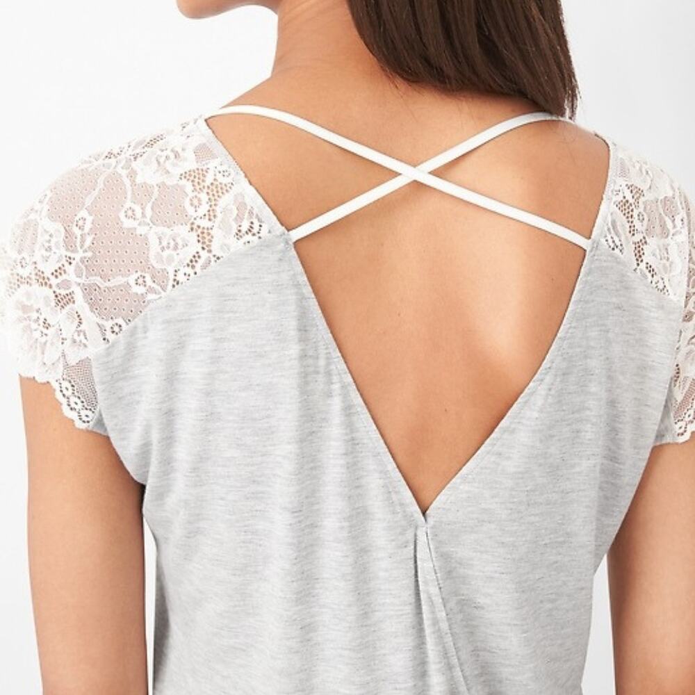 GAP Body NEW Gray Knit White Lace Cross Back Soft Sleep Tee Feminine Dainty Top
